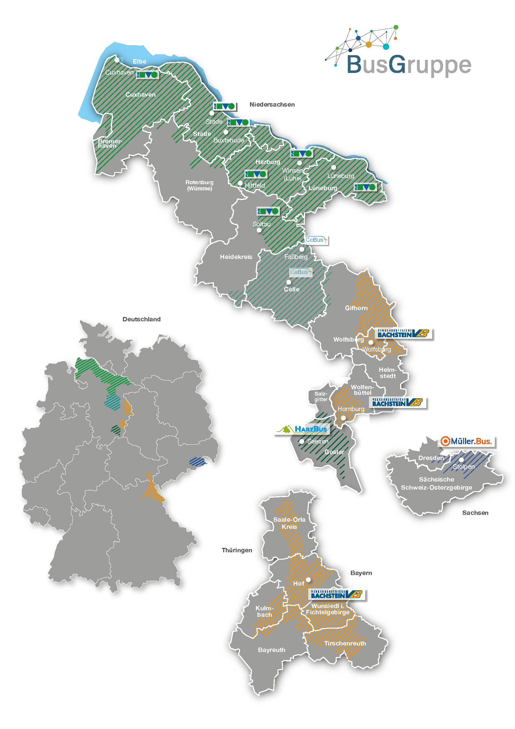 Eine Karte von Deutschland und Niedersachsen mit der Aufteilung der Unternehmen der BusGruppe